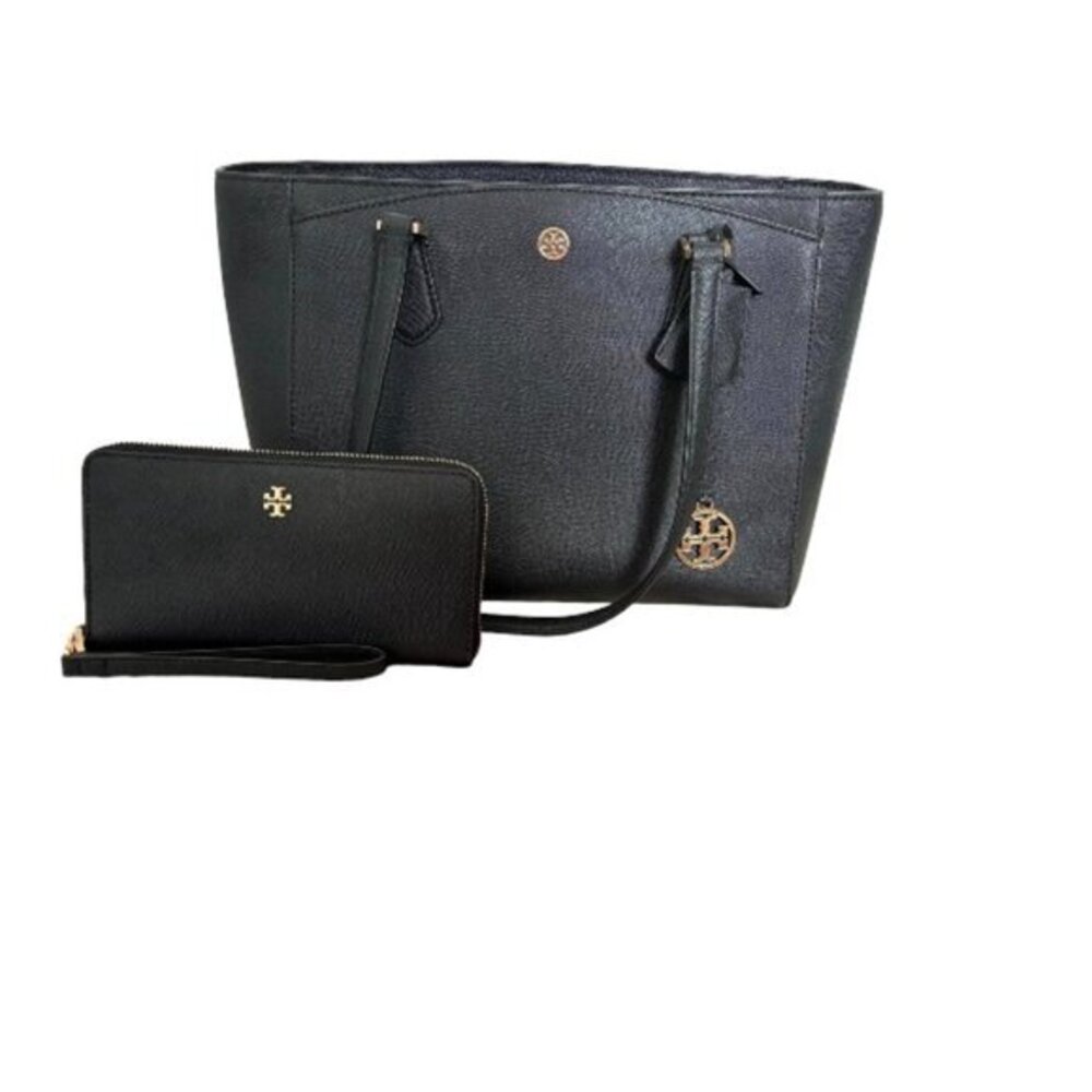 Women's AUTH Tory Burch Black Leather Emerson Top Zip Tote & Matching Wallet EUC
